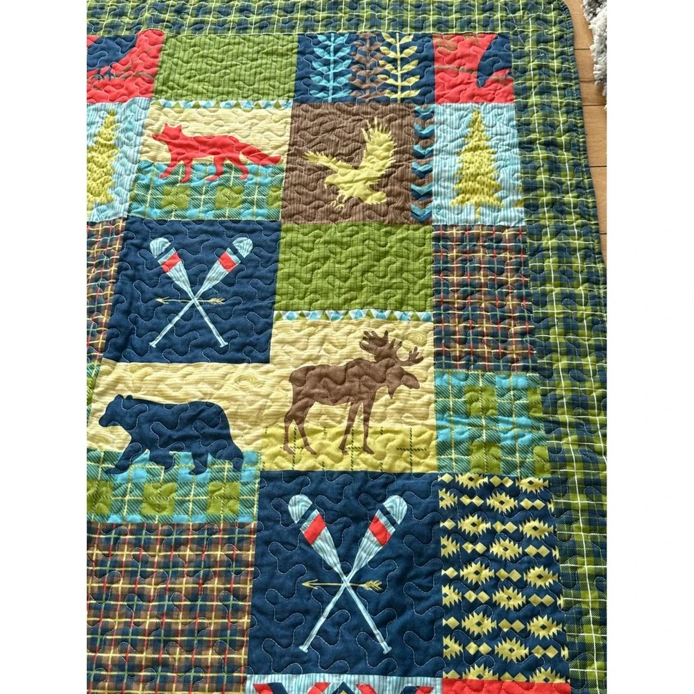Rustic Lodge Throw Quilt Blanket –‎ Moose, Bear, Fox, Cabin Theme – 60